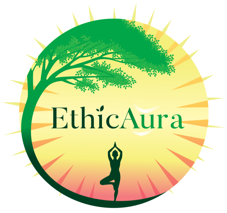 EthicAura logo, sunrise with a tree and silhouette of a person in a standing yoga pose